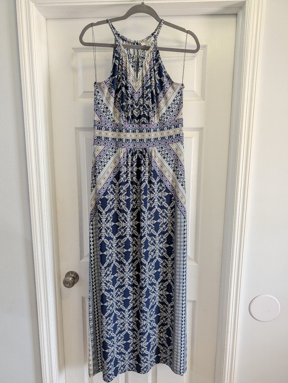 London Times Navy & White Geometric Halter Maxi Dress - 12P